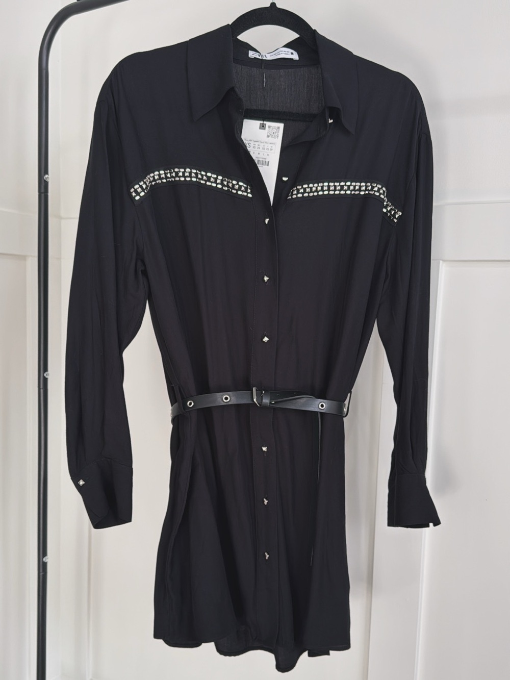 Zara Black Long Sleeve Studded Shirt Dress with Slim Belt